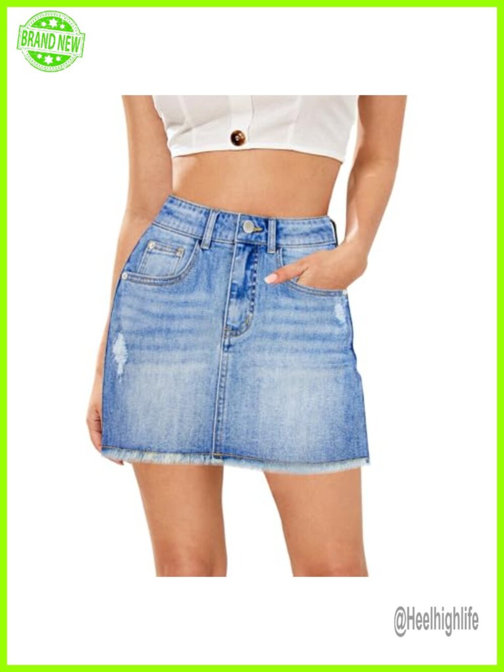 High Waisted Stretch Denim Mini Skirt Frayed Hem Five Pocket